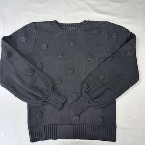 Sweater Women Small Black Pullover Knit Textured Flower Crewneck Dark‎ Cottage